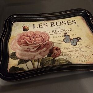 Floral Decorative Tray with Pink Rose and Butterfly